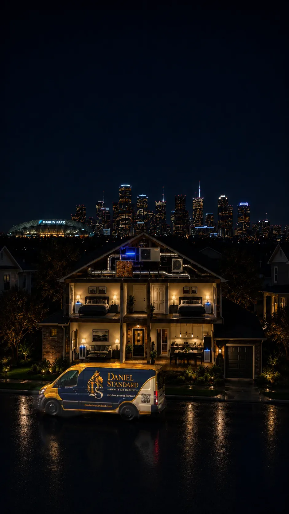 A Houston home at night with a Daniel Standard van at the kerb: the downtown skyline behind it, gas lanterns lit at the door, and the HVAC system, ductwork and air purifiers visible through the open facade.