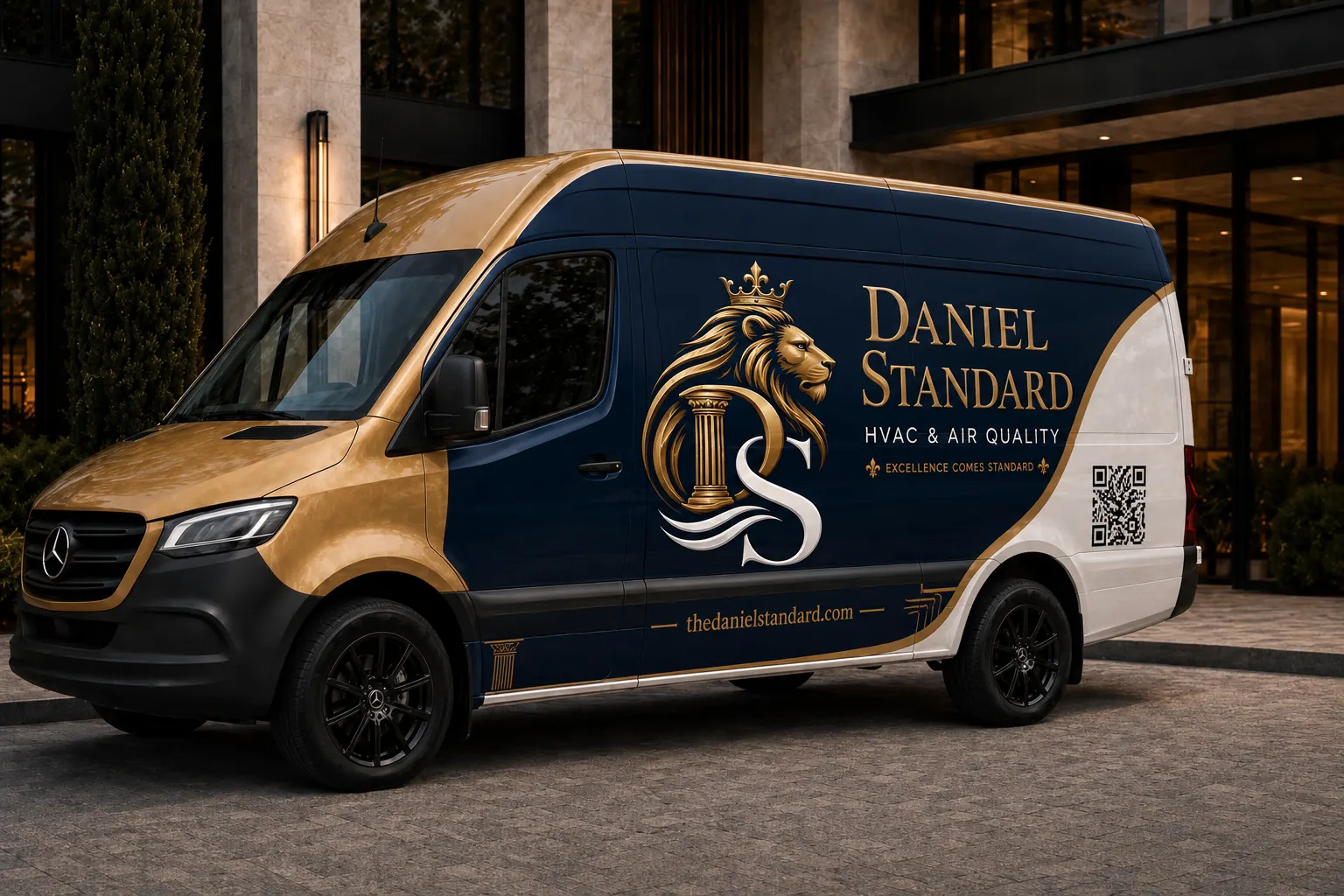 A Daniel Standard van at the kerb of a stone-fronted home at dusk, headlights on.